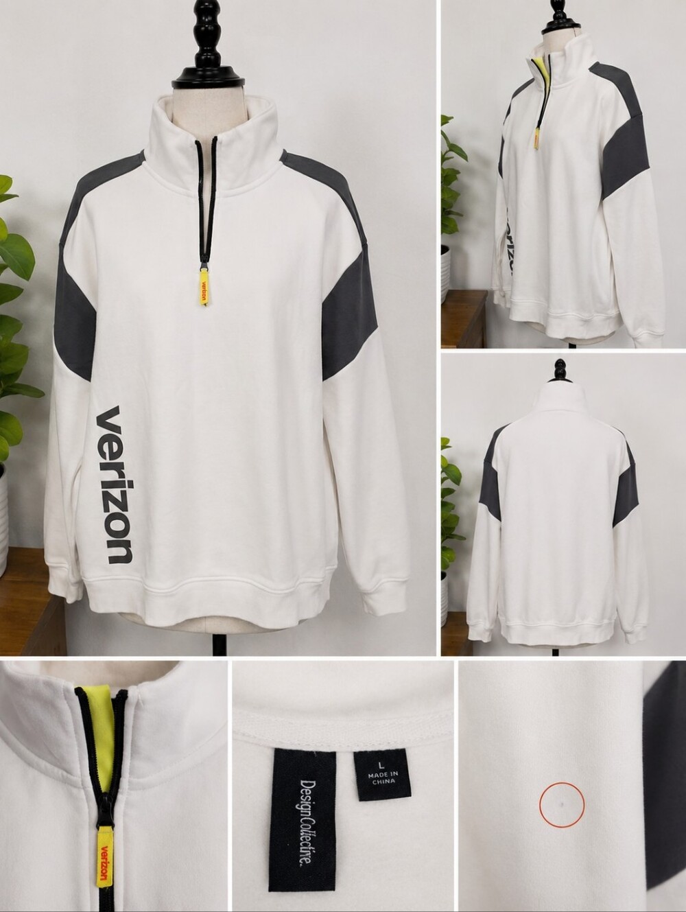 Verizon Quarter Zip Pullover Sweatshirt White Gray Fleece L Large